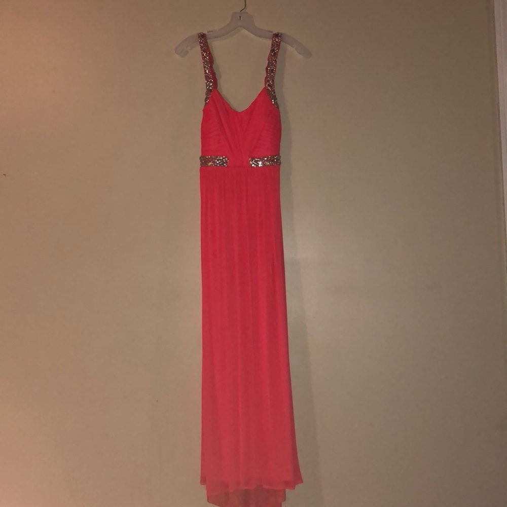Bright coral gown with crystal detailing
